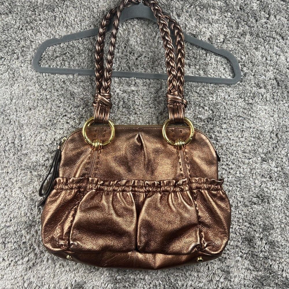 B MAKOWSKY Bronze Metallic Leather Braided Straps Handbag Purse
